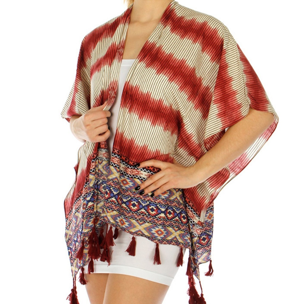 Aztec Pattern Tassel Ruana Scarf Kimono - Picture 2 of 3